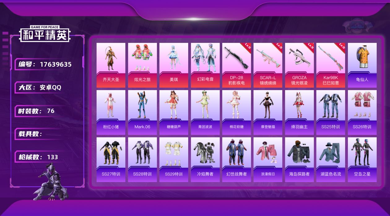 和平精英账号安卓QQ[17639635]可二次【特价出售/店主推荐】安卓 手Q-4粉装-5特效枪-1粉色飞行器-35164热力值-9王牌印记-76套装-133枪皮【热门品类】：套装-龟仙人，套装-粉红小猪，角色-Mark