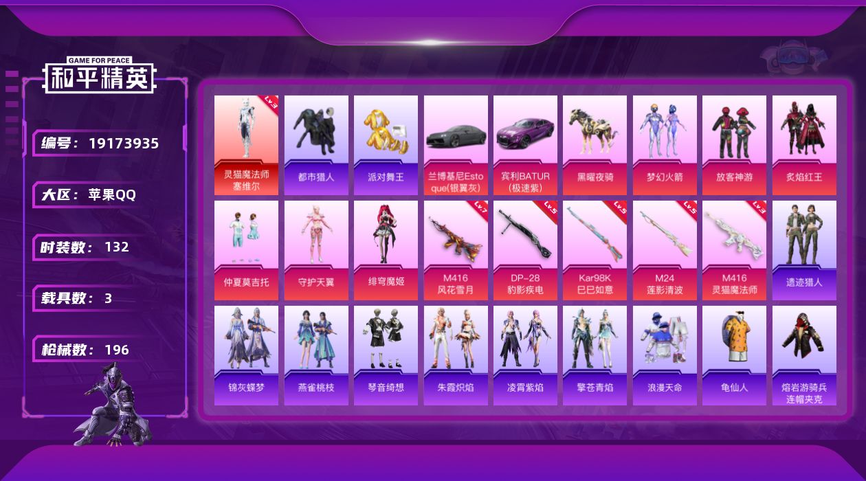 和平精英账号苹果QQ[19173935]苹果手Q-1神装-6粉装-5特效枪-3载具-5粉色飞行器-64733热力值-17王牌印记-132套装-196枪皮
【红色神装等级】：灵猫魔法师-塞维尔(三级)
【红色角色神装】：灵