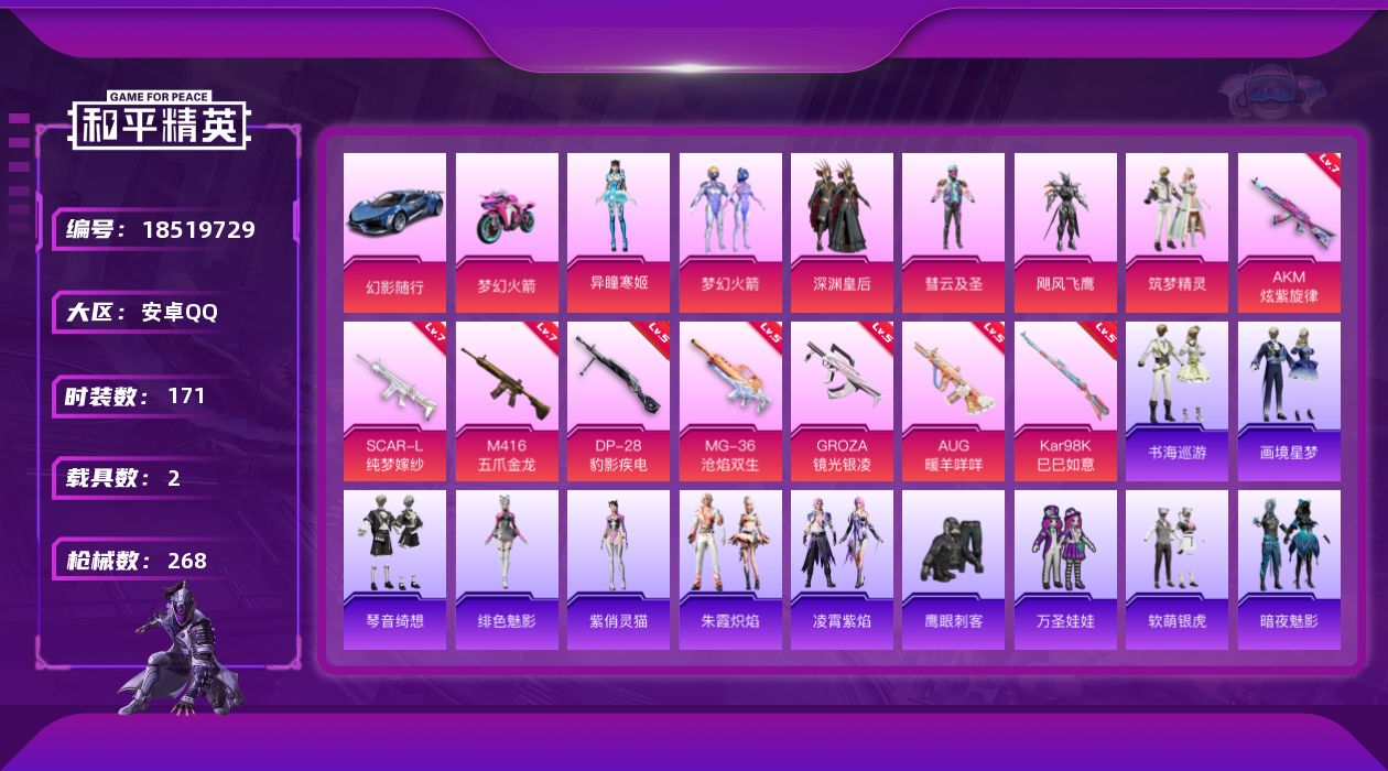 和平精英账号安卓QQ[18519729]安卓 手Q-6粉装-9特效枪-2载具-2粉色飞行器-80914热力值-11王牌印记-171套装-268枪皮
【热门品类】：粉装-梦幻火箭，套装-浪漫天命，套装-龟仙人，套装-粉红小