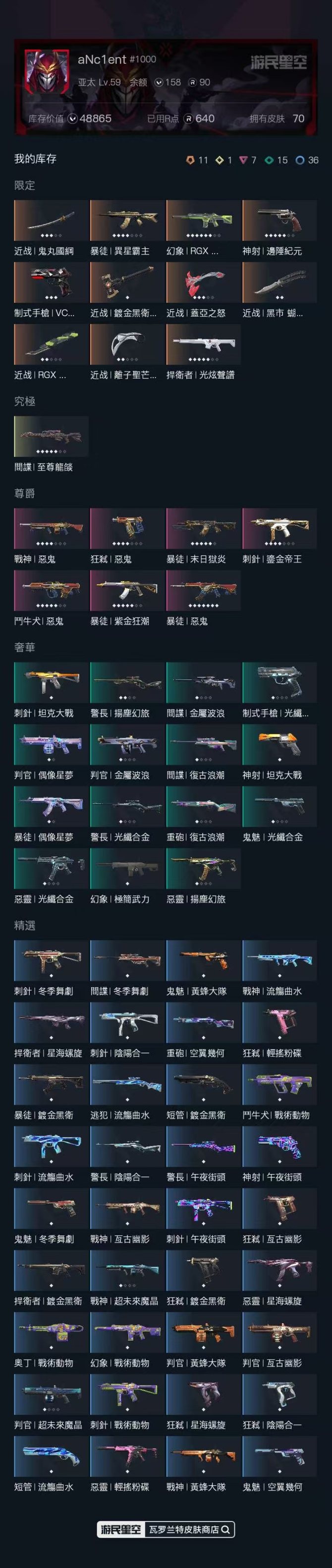 无段位，刀皮数量6，枪皮数量13（限定11...