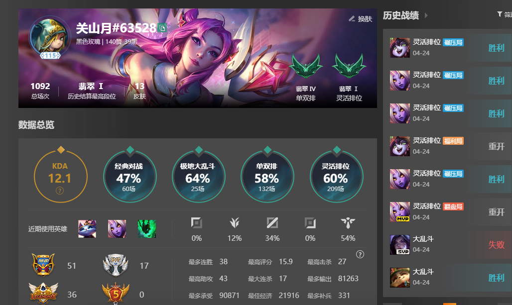 英雄数: 103 皮肤数: 13  黑色玫...