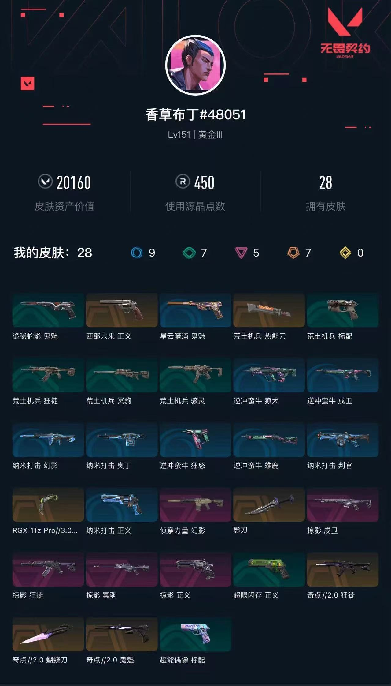总皮肤28，刀皮4枪皮24(传奇3卓越5)...