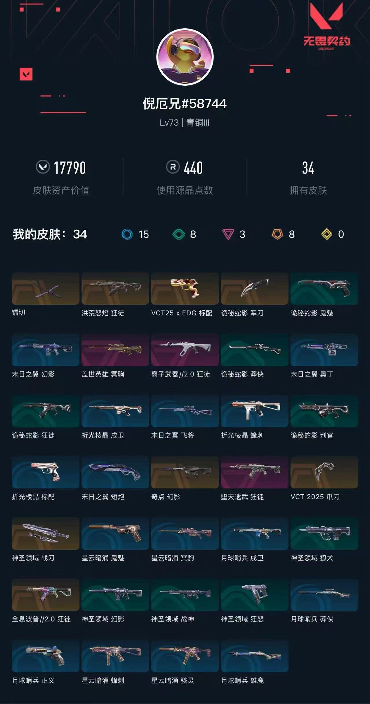 总皮肤34，刀皮4枪皮30(传奇4卓越3)...