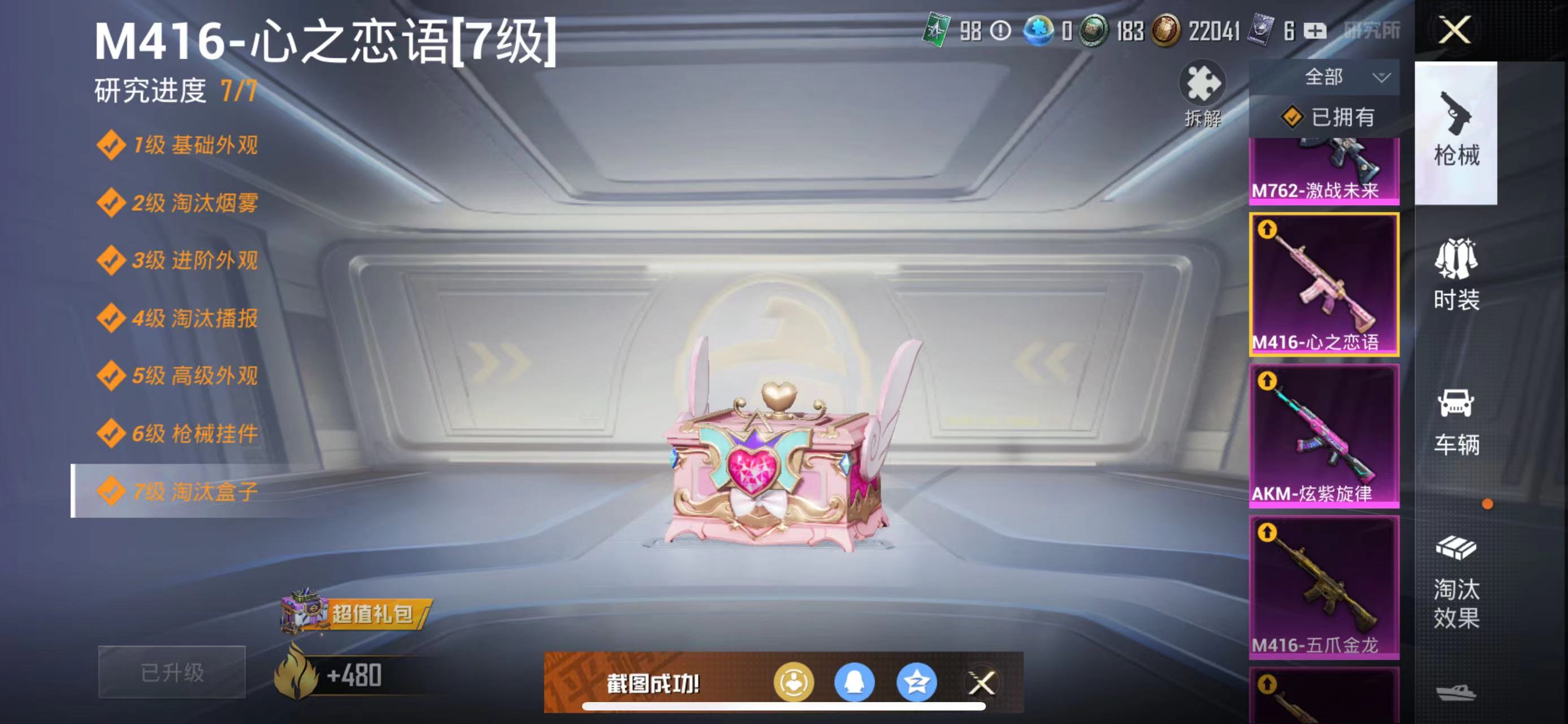 1938744--可二次- 11粉8特7载具-22高印记 螳螂 巡查衣 奇异狩猎者 粉熊背包 M416-五爪金龙 (7级) M416-心之恋语 (7级) AKM-甜心宝贝 (7级) 粉甜马卡龙 苹果