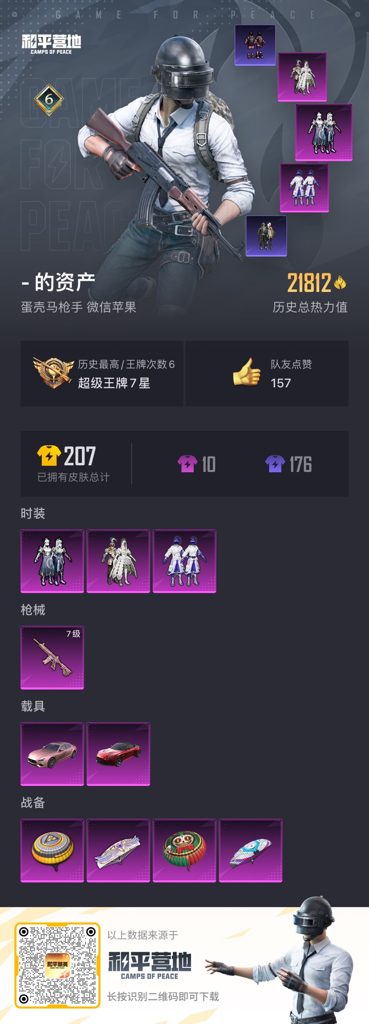 和平精英账号苹果微信727热力值 6王牌印记 历史超级王牌7星 48套装 60枪皮 【2载具】 玛莎拉蒂粉色 阿斯顿马丁