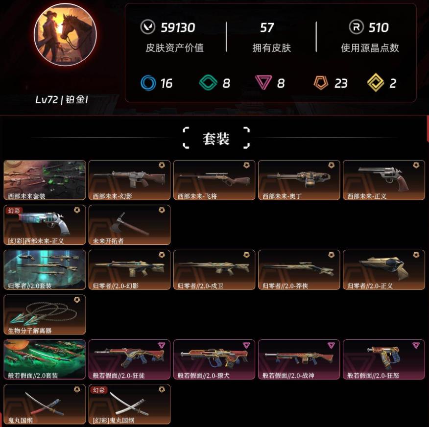 无畏契约账号QQ无畏契约-QQ-通用服务器 Lv72 ，皮肤总价值59130，铂金I，总皮肤57，刀皮8枪皮49(终极2传奇15卓越8)，套装3(传奇2卓越1)，般若假面2.0套装 【拥有套装】西部