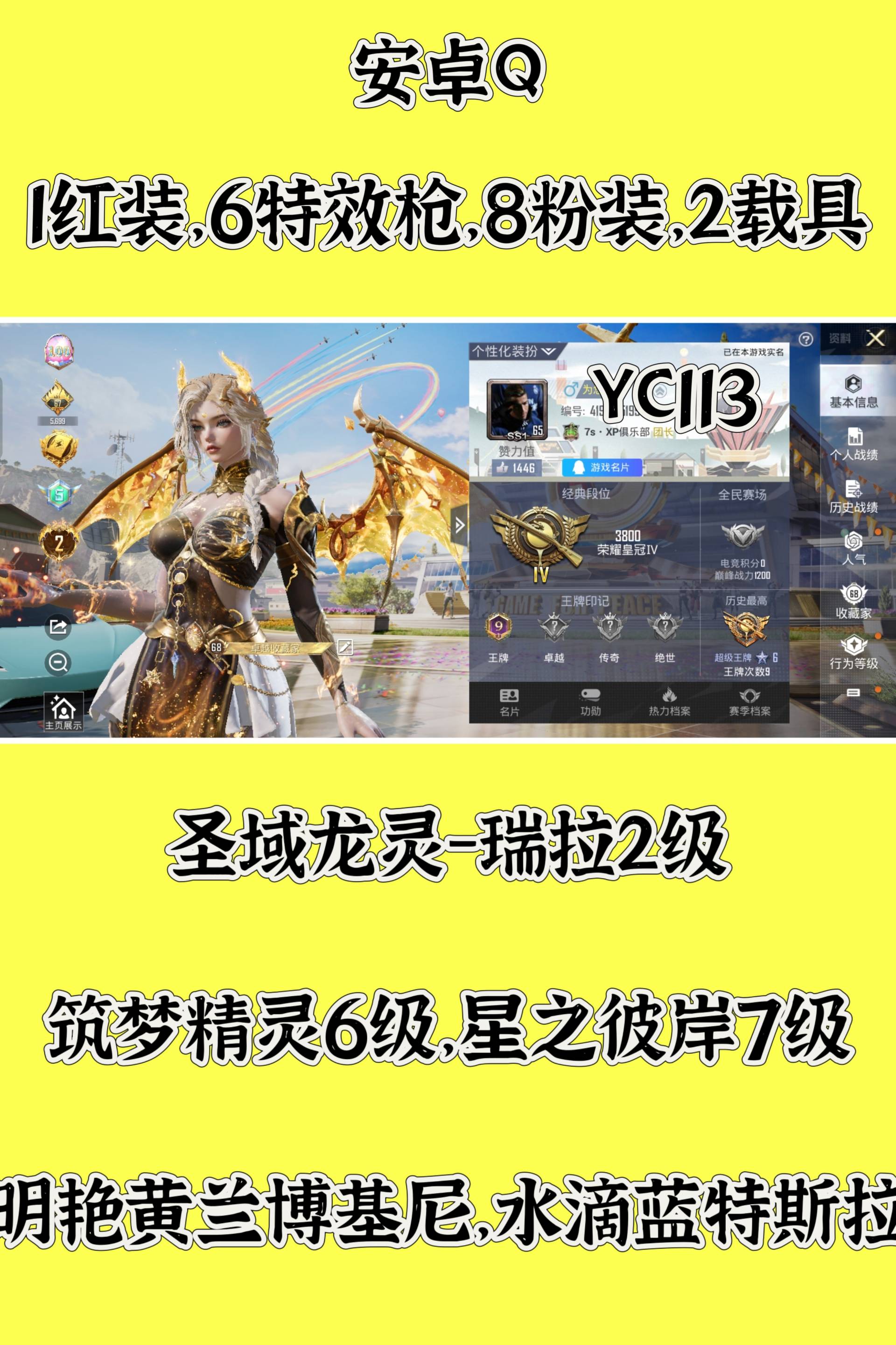 和平精英账号安卓QQ[9001010]YC113、安卓手Q-9王牌印记-8粉装-6特效枪-2载具-75984热力值-172套装-219枪皮-0卓越印记-0传奇印记
【8粉装】,幻彩电音,狂魅哈莉,幻影飞狐,碧影闪光,林