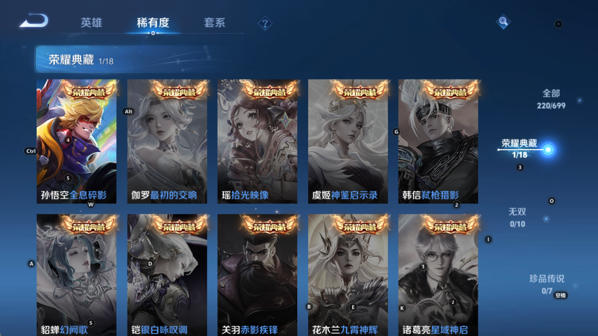 [9188682]猴子典藏,久胜,太华,白晶晶,紫霞,至尊宝,-可二次-122英雄-220皮肤-1典藏-13传说-54史诗 太华-伽罗 凤求凰-李白 岱宗-典韦 冰冠公主-雅典娜 白晶晶-芈月 至尊