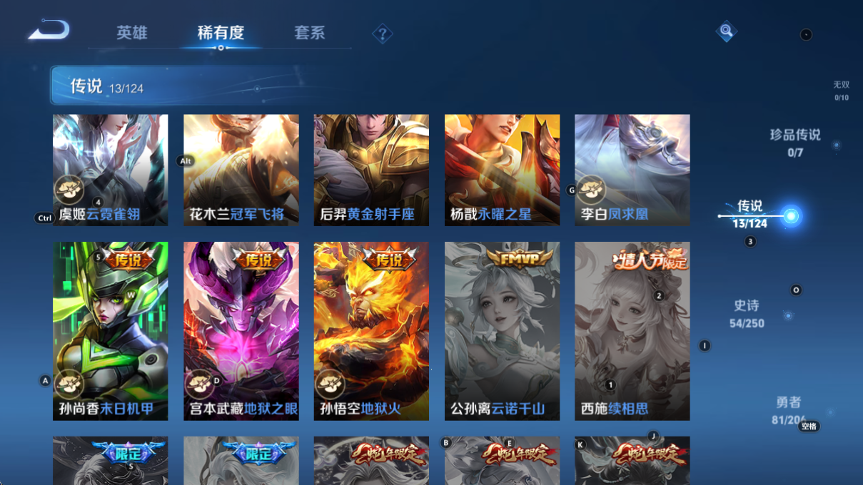 [9188682]猴子典藏,久胜,太华,白晶晶,紫霞,至尊宝,-可二次-122英雄-220皮肤-1典藏-13传说-54史诗 太华-伽罗 凤求凰-李白 岱宗-典韦 冰冠公主-雅典娜 白晶晶-芈月 至尊