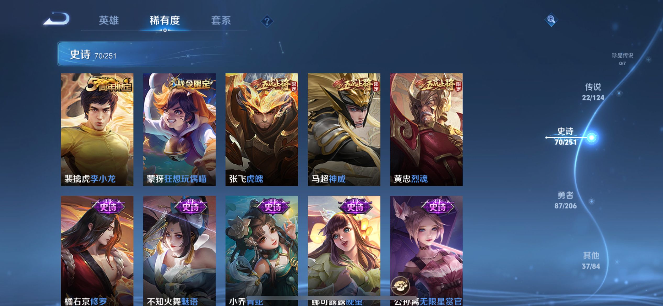 [9188791]李白典藏,武则天无双,武则天,小将军,李逍遥,白晶晶,马可年限,-可二次-124英雄-218皮肤-1典藏-1无双-22传说-69史诗 淬星耀世-赵云 炽阳神光-镜 山海·苍雷引-曜