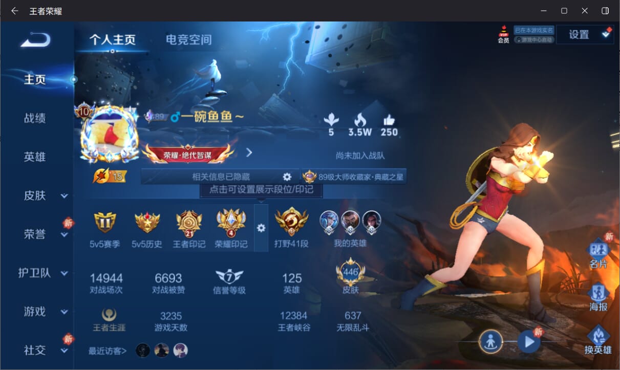 王者荣耀账号安卓QQ可二次/营地号334660295/英雄125/皮肤446