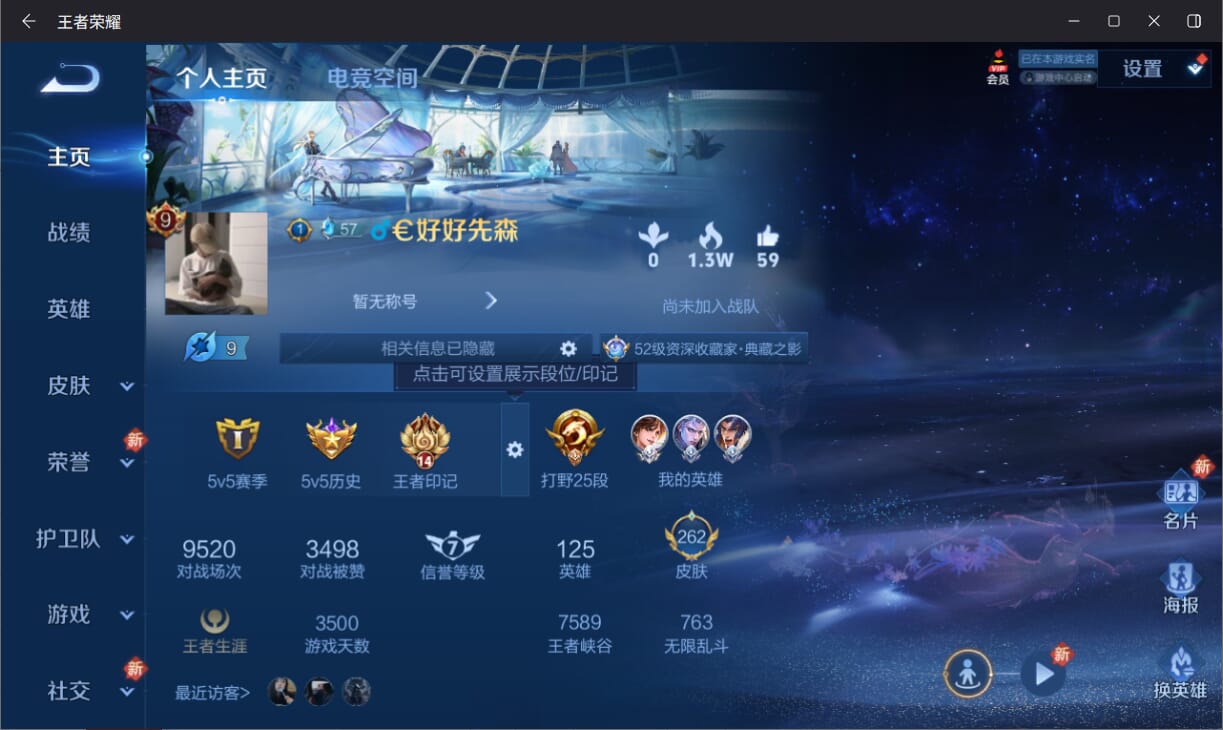 王者荣耀账号安卓QQ二次/营地号331797624/英雄125/皮肤262