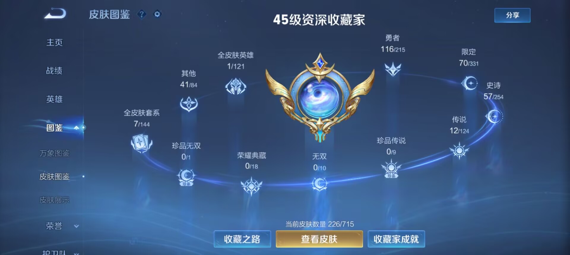 王者荣耀账号安卓QQ123英雄-226皮肤-传说12 史诗57 限定69 英雄123 皮肤226 稀有英雄8 贵族0级 