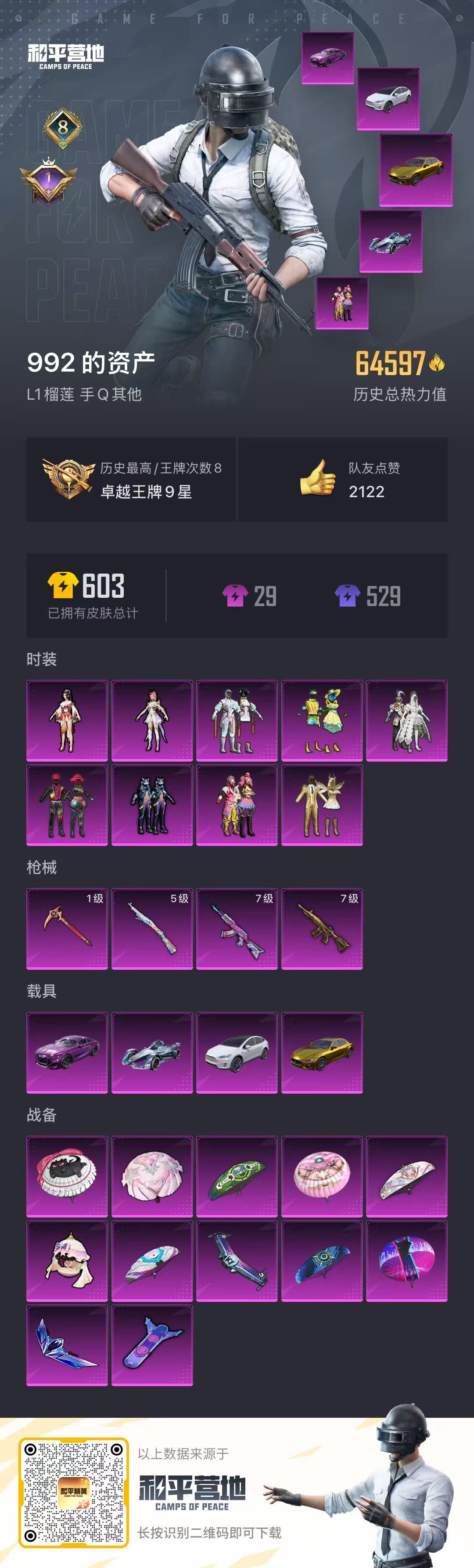 和平精英账号安卓QQ4载具-600套装-147枪皮-实名: 可修改 时装数: 600 载具数: 4 枪械数: 147 战
