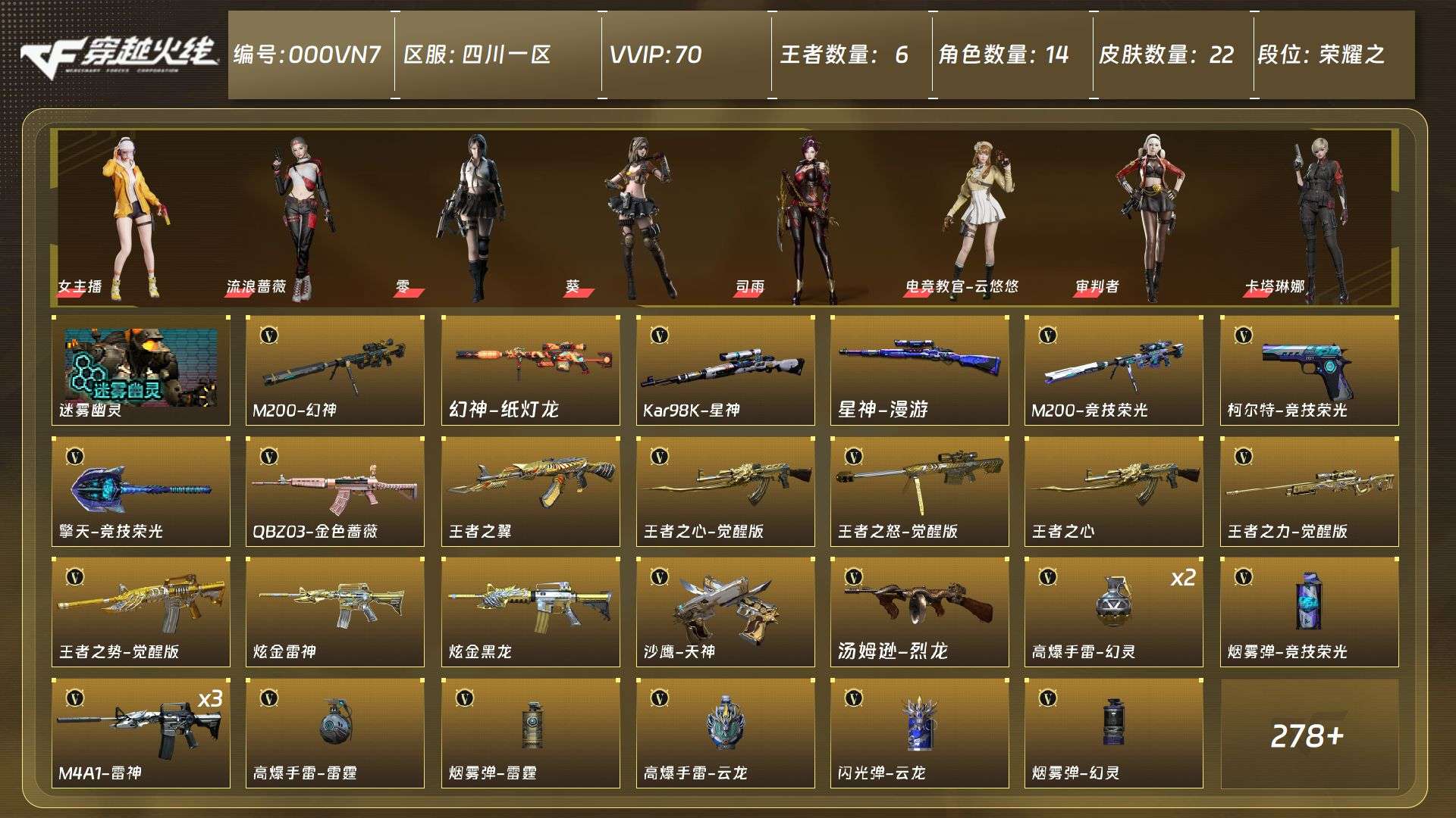 传说数量:0 王者数量:6 炫金数量:2 ...