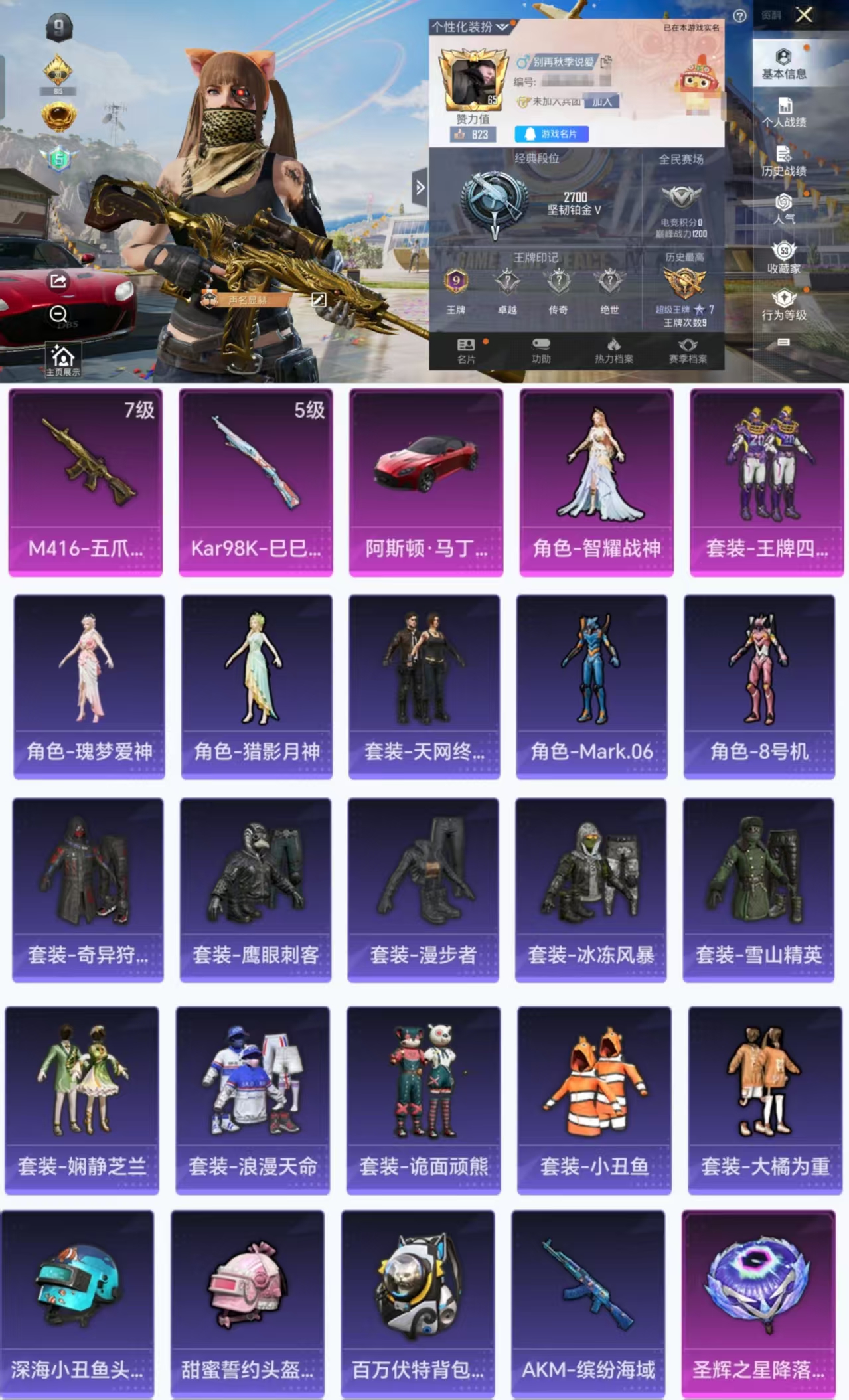 和平精英账号安卓QQ1载具-154套装-182枪皮-H9964安卓Q区-1粉装-2特效枪-53140热力值-9王牌印记-