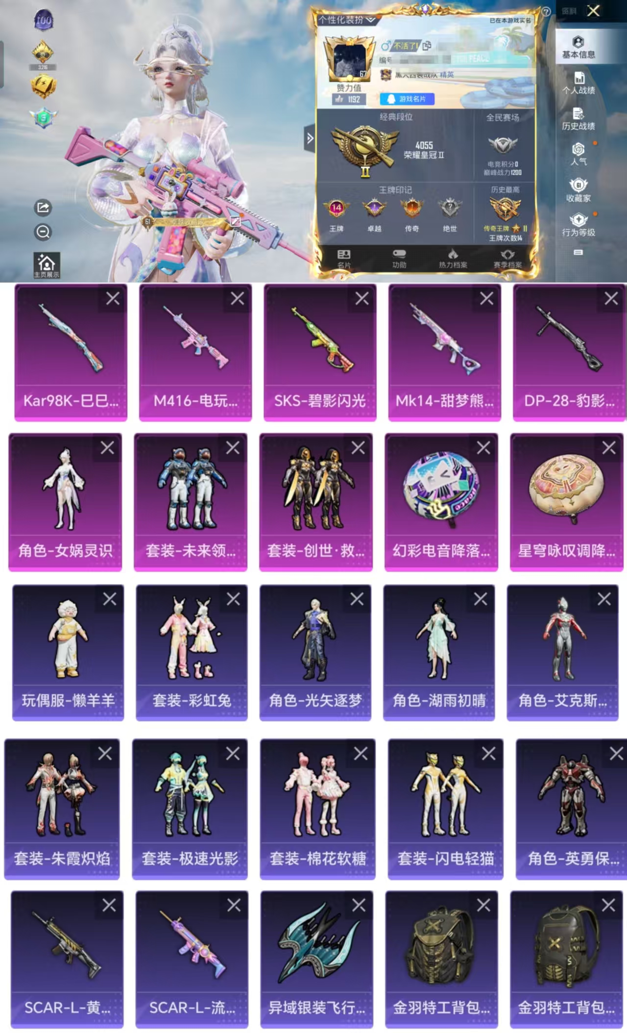 和平精英账号安卓QQ0载具-156套装-205枪皮-H10914安卓Q区-3粉装-5特效枪-60598热力值-14王牌印