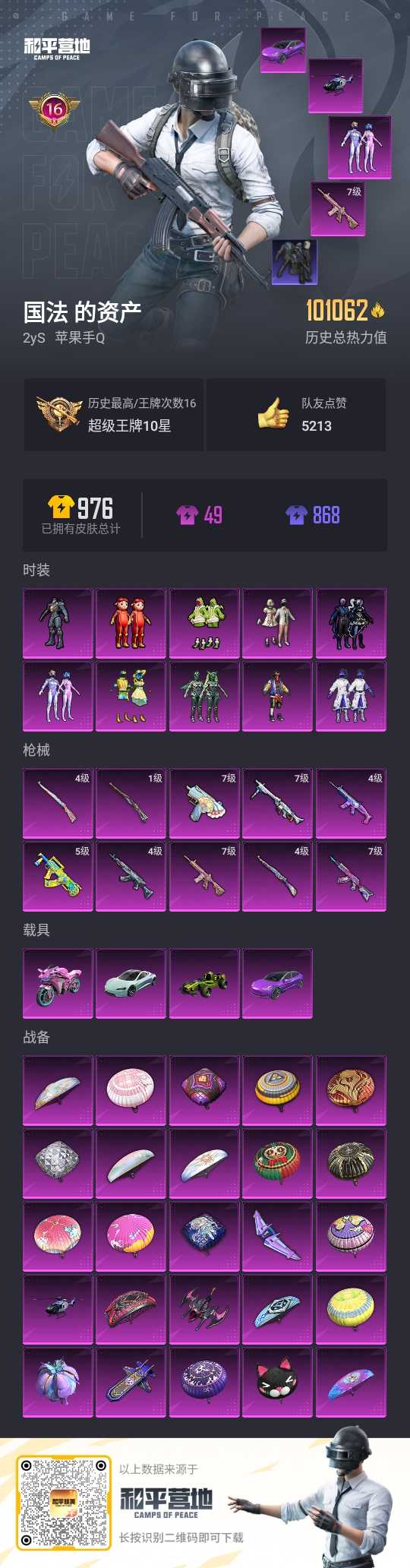 和平精英账号苹果QQ0载具-0套装-0枪皮-[]梦幻火箭,天禅智恒,宝贝奶油派,小丑鱼,小白龙,红眼罩,蓝螳螂,身法浪漫