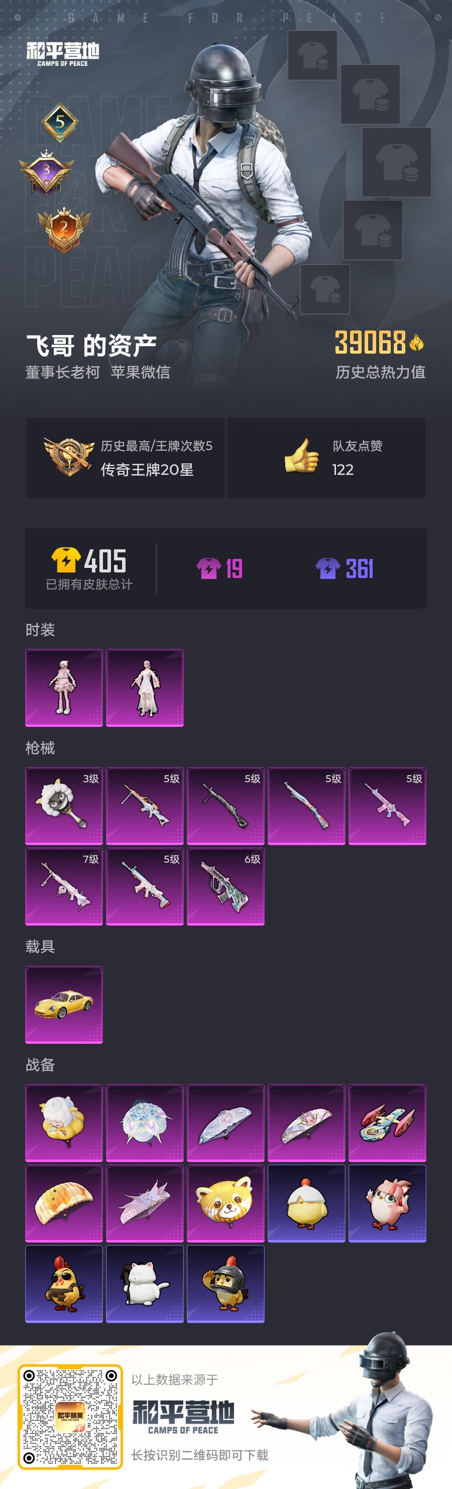 和平精英账号苹果微信1载具-0套装-124枪皮-1载具2粉装8特效枪 5印记 历史传奇王牌20星 【1载具】 拉轰奶龙龙