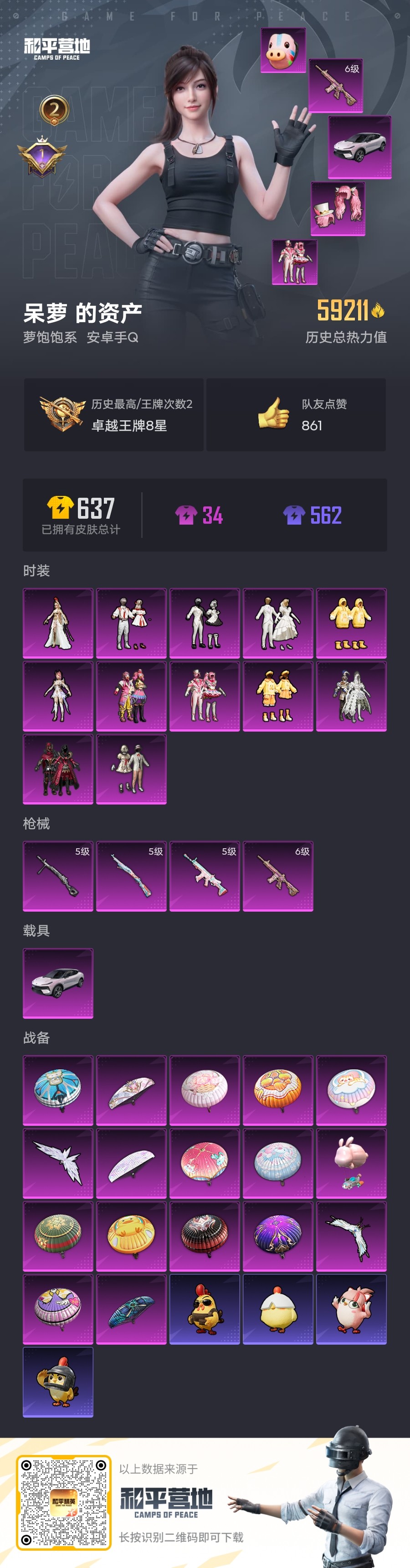 和平精英账号安卓QQ1载具-0套装-155枪皮--2载具12粉装4特效枪2印记 历史卓越王牌8星【2载具】路特斯EL灰色