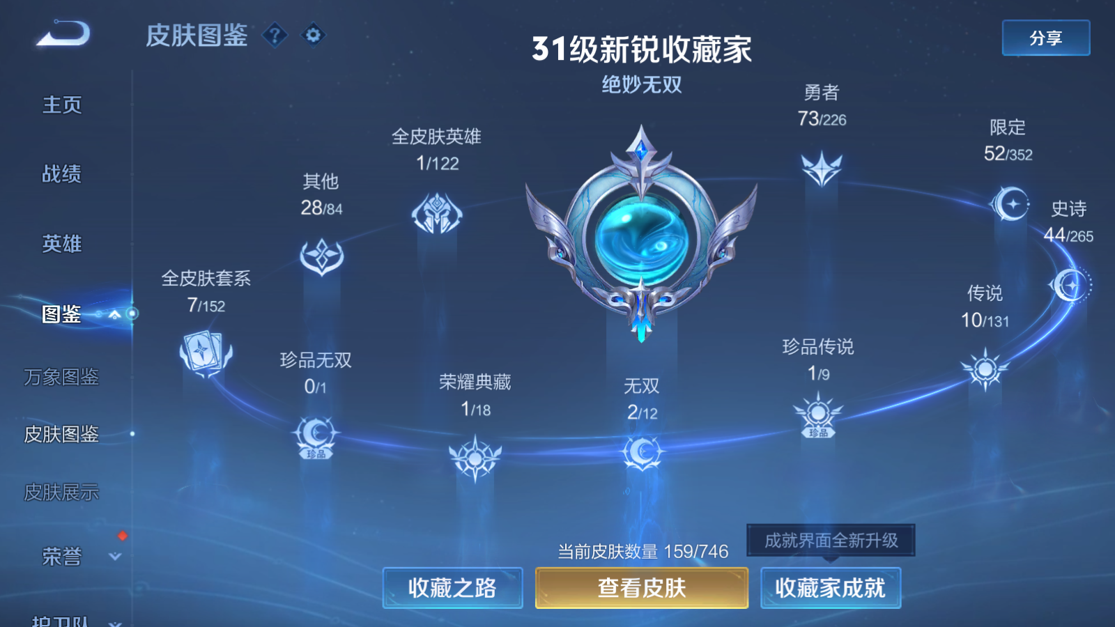 王者荣耀账号安卓QQ127英雄-159皮肤-精品女号-V7-159皮肤1典藏2无双1珍品传说10传说 游走31段 1星传