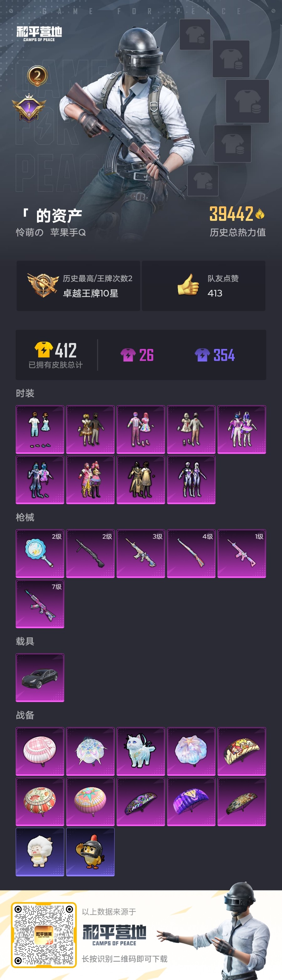 和平精英账号苹果QQ1载具-0套装-112枪皮-[]-1载具9粉装6特效枪 2印记 历史卓越王牌10星 【1载具】 特斯