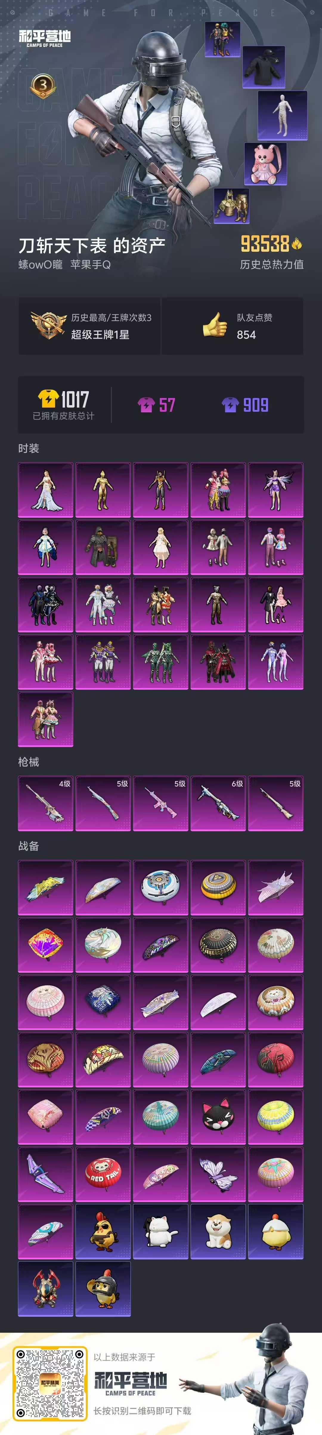 和平精英账号苹果QQ0载具-1006套装-236枪皮-纯氪金号-金迪迦-木乃伊-螳螂-小熊背包 -火箭少女-洛天依-猪妹