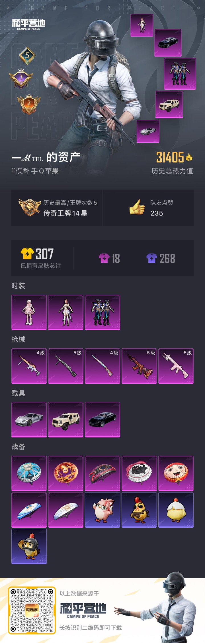 和平精英账号苹果QQ3载具-0套装-84枪皮-2稀有3载具3粉装5特效枪 5印记 【2稀有】 奇异狩猎者 浪漫天命 【3