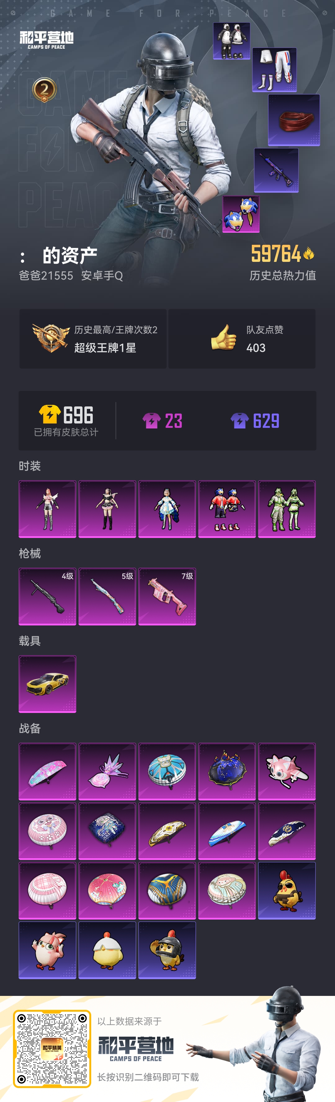和平精英账号安卓QQ1载具-0套装-192枪皮-（禁言到11.25）1稀有1载具5粉装3特效枪 2印记 【1稀有】 浪漫