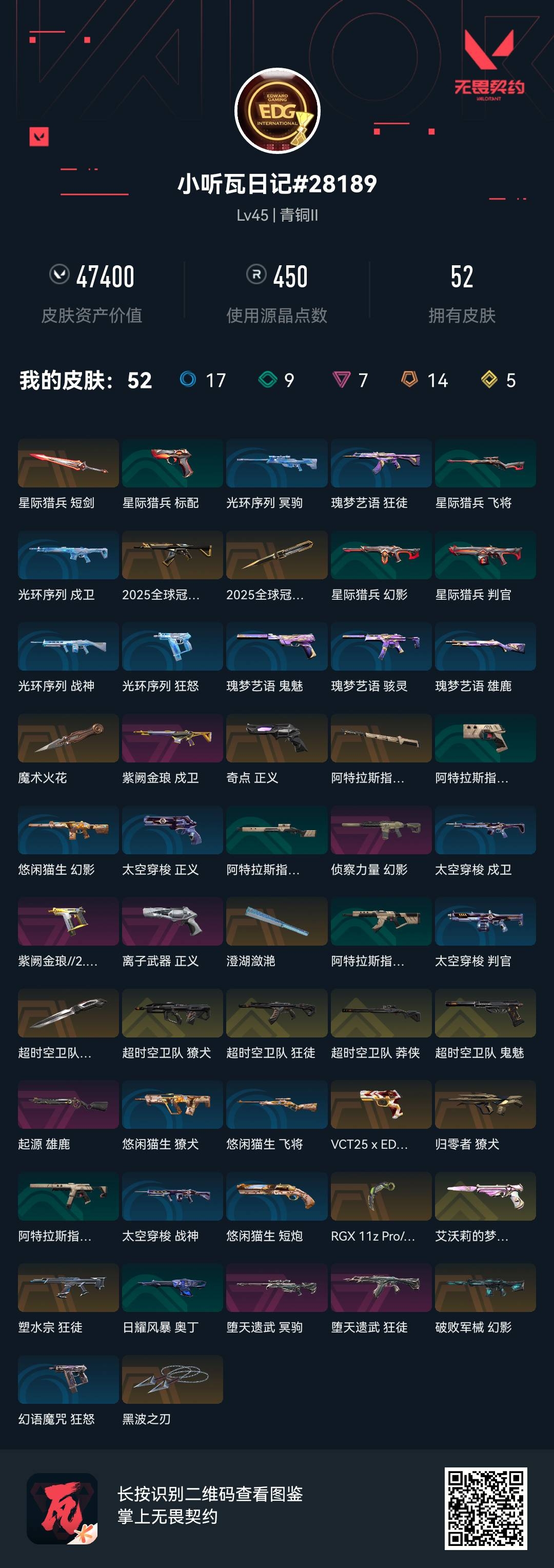 无畏契约账号QQ[13915867]"DF209 皮肤总价值47400，青铜I，总皮肤52，刀皮8枪皮44(终极5传奇6卓越7)，套装2(终极1传奇1)
 【排位情况】可排位 【账号状态】无封号 【区服】QQ 【游