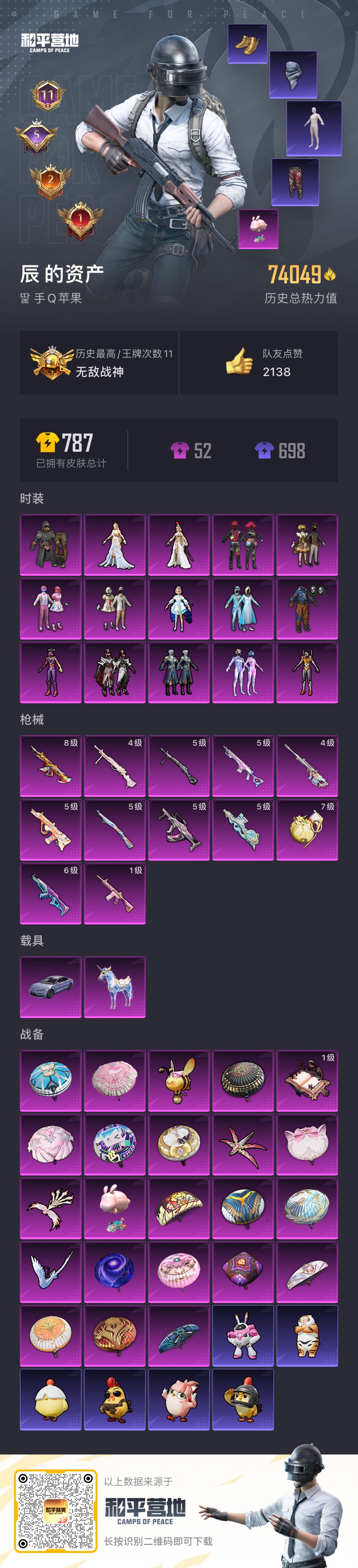 和平精英账号苹果QQ2载具-0套装-200枪皮-战神框 木乃伊 黄螳螂 小丑 雪国 赤蝎 金鞋子 都市猎人 三姐妹 TE