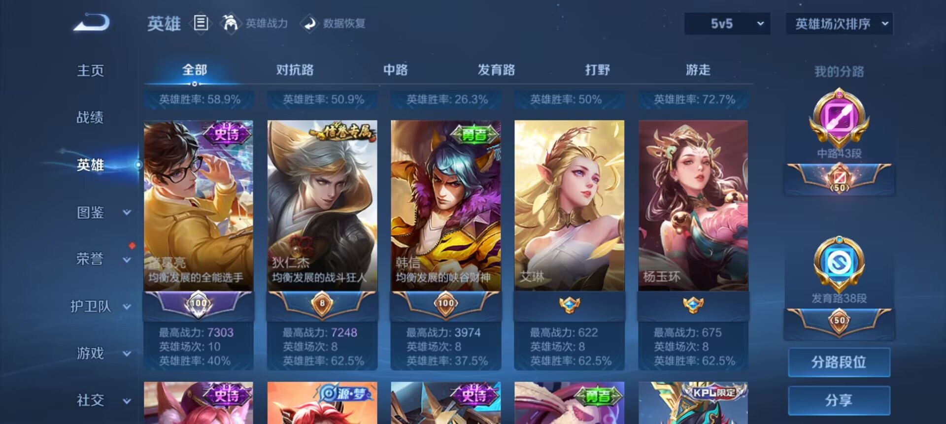 王者荣耀账号安卓QQ123英雄-197皮肤-传说5 史诗47 限定56 英雄123 皮肤197 稀有英雄8 贵族5级 总