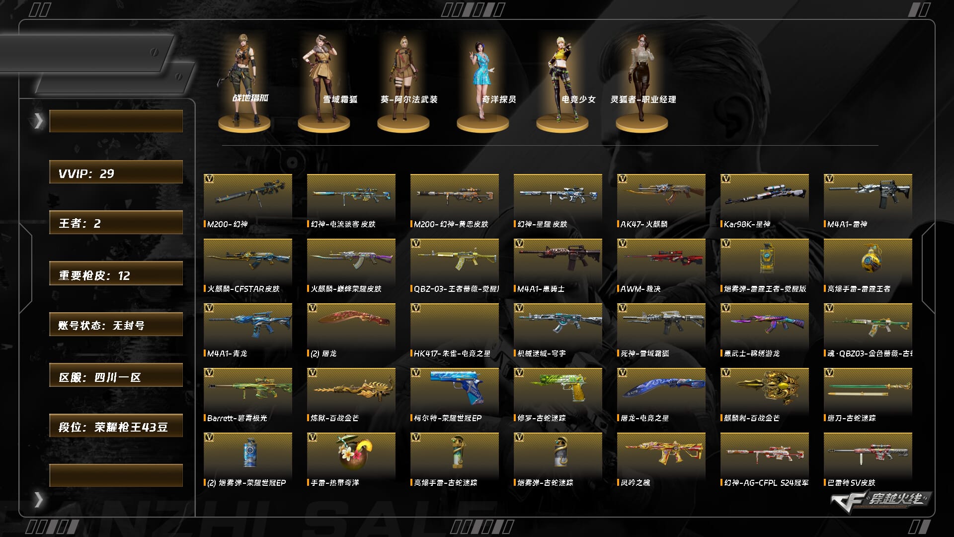 穿越火线账号西部战区8851/西部/四川一区/【荣耀枪王43豆】/Lv.100 元帅/VIP5/29V/【幻神三件套+4