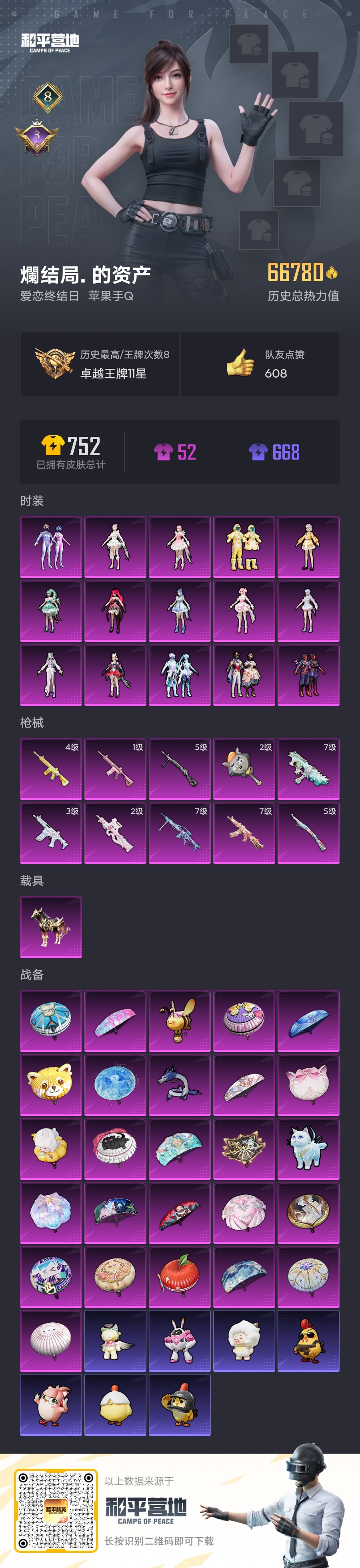 和平精英账号苹果QQ1载具-0套装-188枪皮--1载具15粉装10特效枪8印记【1载具】黑曜夜骑 【15粉装】 梦幻火