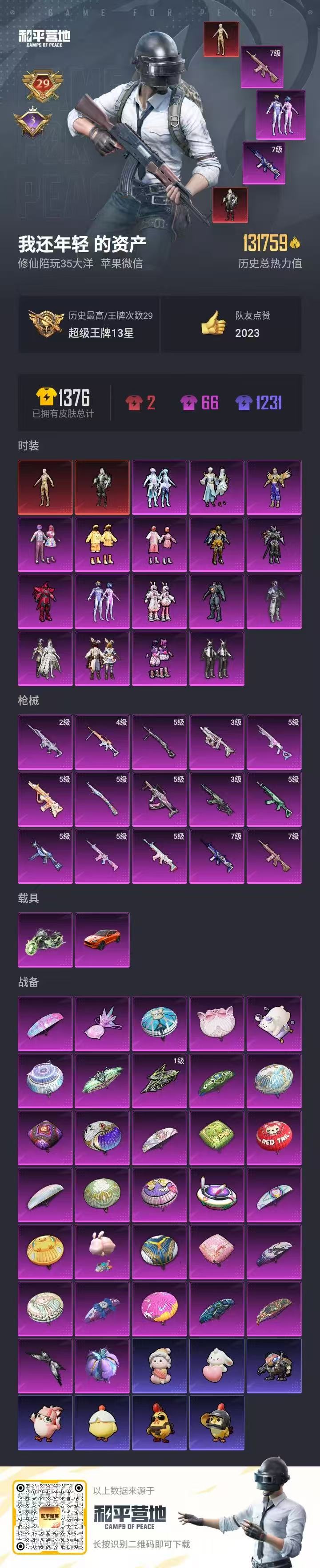 和平精英账号苹果微信2载具-901套装-376枪皮-微信异地登录社交限制稳定可解不影响正常游戏体验 实名: 可修改 时装