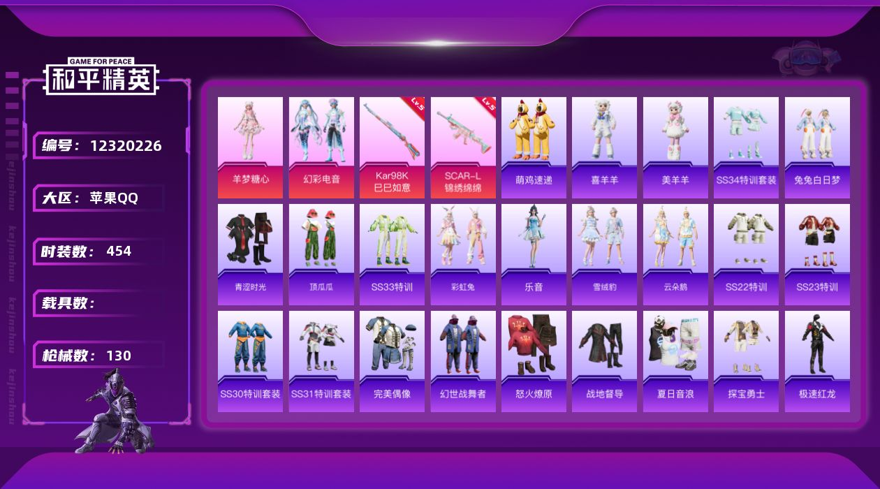 和平精英账号苹果QQ0载具-352套装-77枪皮-实名: 可修改 时装数: 491 枪械数: 146 战备数: 129 
