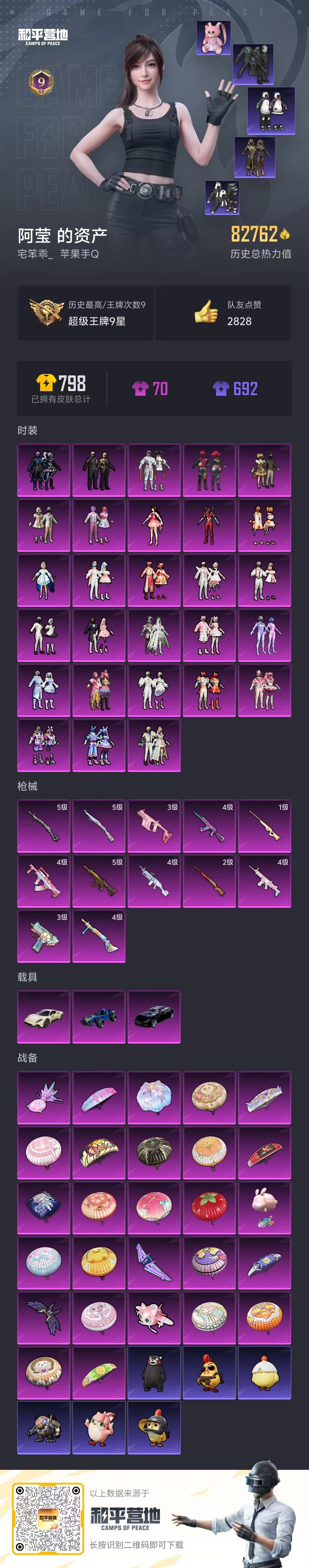 和平精英账号苹果QQ3载具-689套装-183枪皮-漂亮公主素材号-黑丝-巧克力三姐妹-放克神游-馨动时刻-螳螂-洛天依