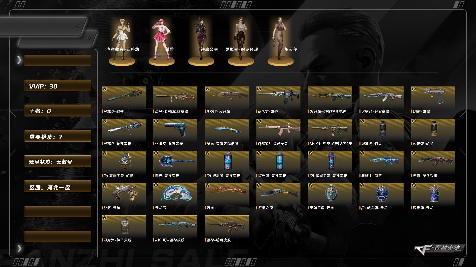 穿越火线账号北部战区河北一区XH9325/北部/河北一区/可排位/【Lv.100 元首】VIP6/30V/幻神/幻神CFS202