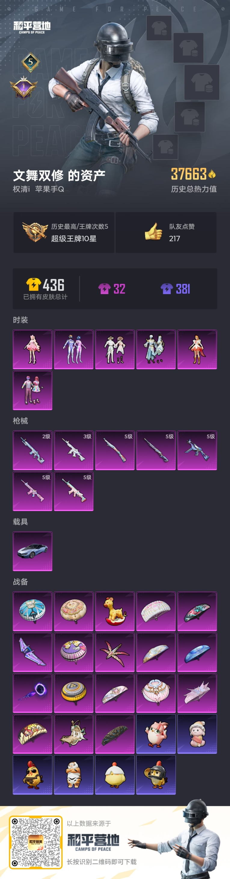 和平精英账号苹果QQ1载具-76套装-105枪皮-1载具-76套装-105枪皮--6粉装-7特效枪-1载具-37663热