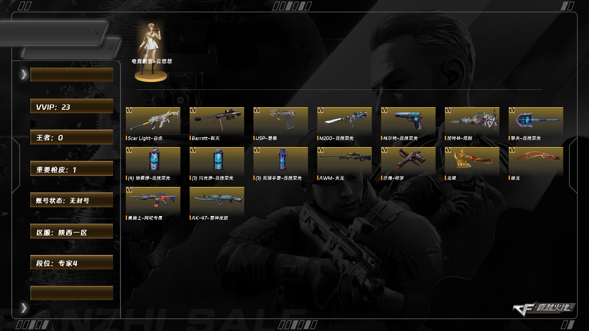 穿越火线账号西部战区陕西一区8963/西部/陕西一区/【专家4】/Lv.100 高阶大元帅/VIP3/23V/M200竞技荣光套