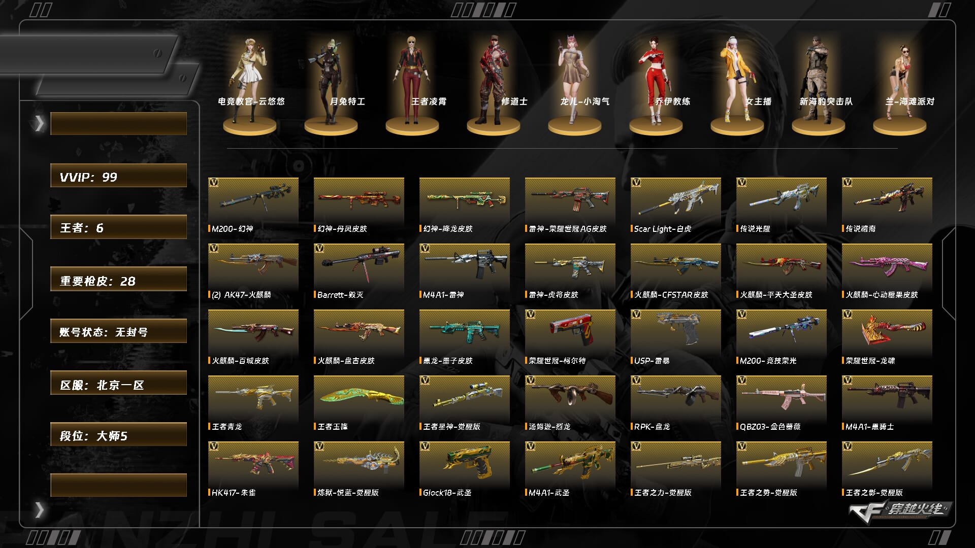 穿越火线账号北部战区北京一区8953/北部/北京一区/【大师5】/Lv.100 高阶大元帅/VIP6/99V/【四传说】/传说幽