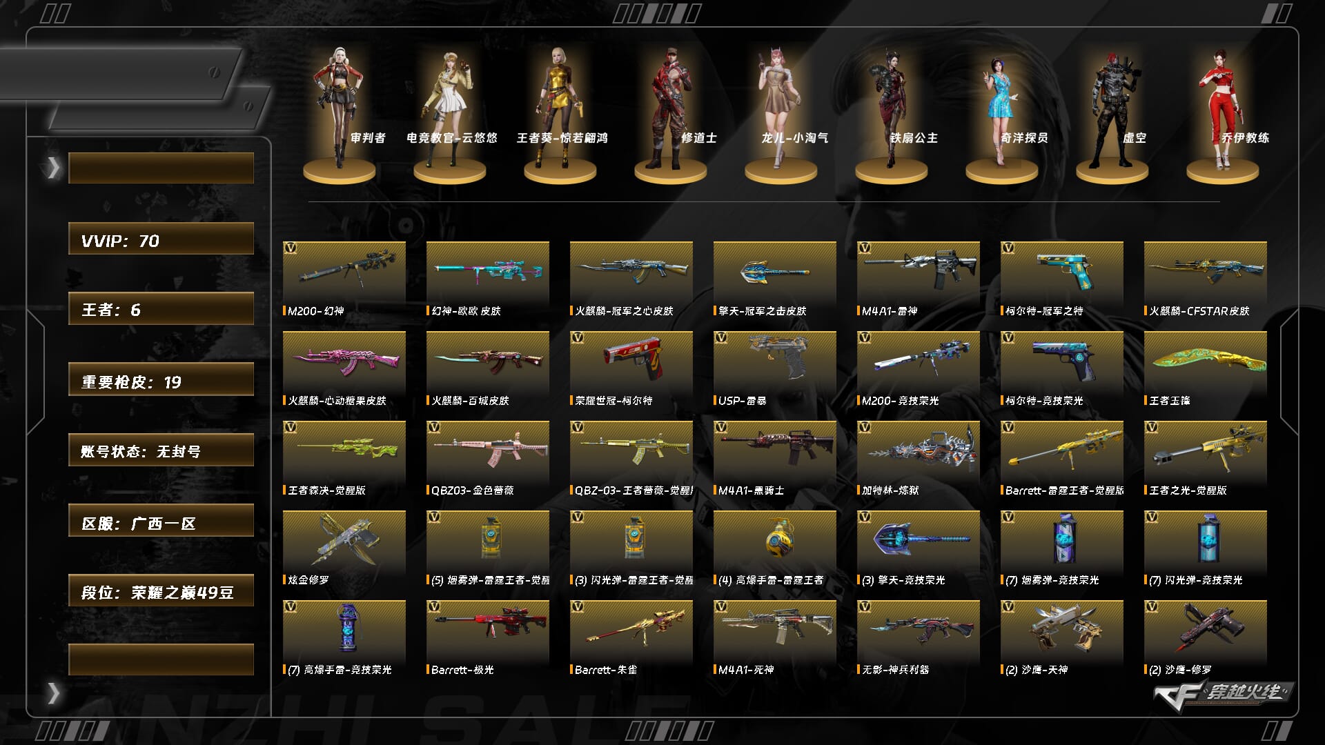 穿越火线账号南部战区广西一区XH8975/南部/广西一区/【荣耀之巅49豆】/Lv.102 荣耀元帅/VIP6/70V/幻神/幻