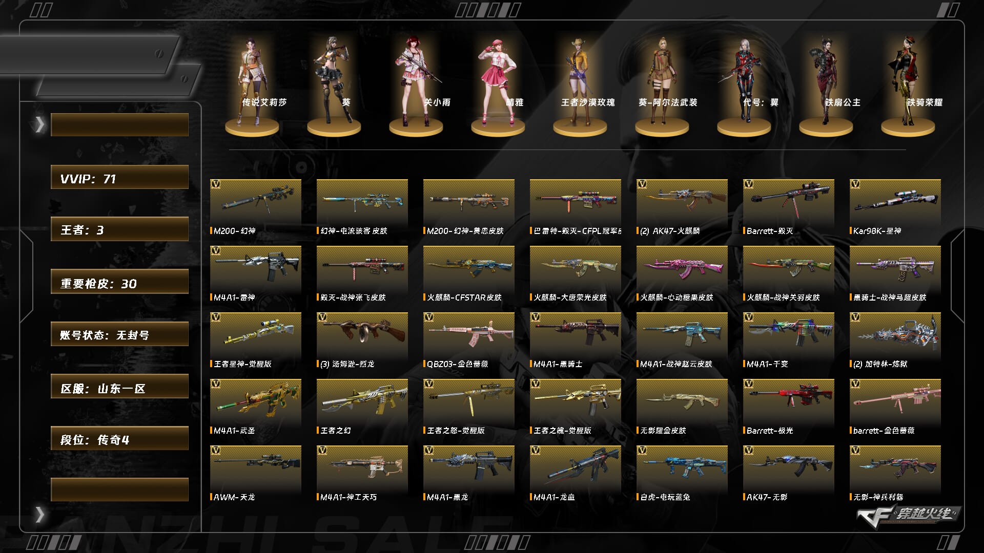 穿越火线账号北部战区山东一区ABC9261/北部/山东一区/可二次/可排位/掌火ID:429853029/70V/传说艾莉莎/幻