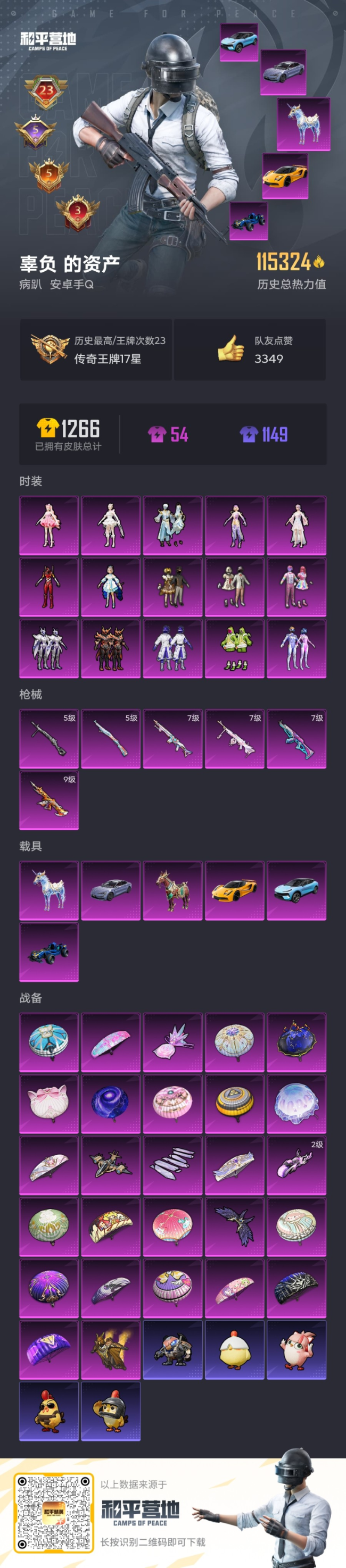 和平精英账号安卓QQ6载具-247套装-330枪皮-6载具-247套装-330枪皮-木乃伊 红螳螂 三姐妹 都市猎人 满