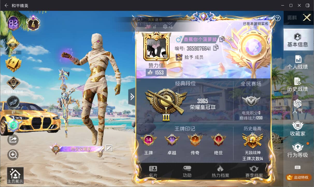 和平精英账号苹果微信4载具-798套装-341枪皮-实名: 可修改 时装数: 798 载具数: 4 枪械数: 341 战