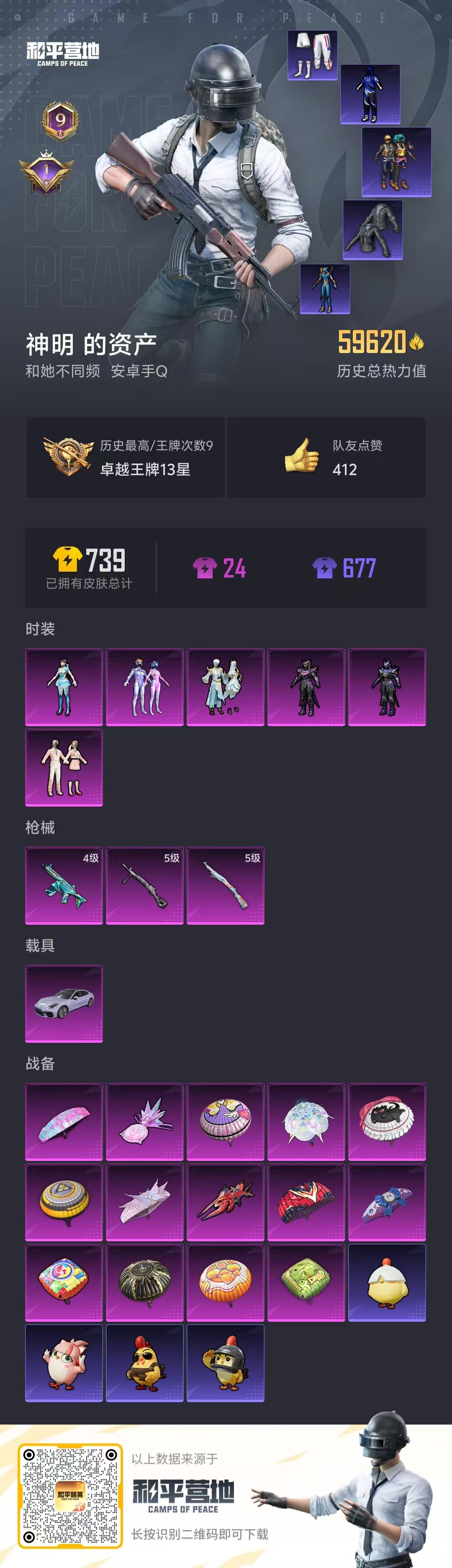 和平精英账号安卓QQ1载具-598套装-205枪皮-精氪素材号-都市-火箭少女-浪漫天命-深海小丑鱼-第五大道-战队服-