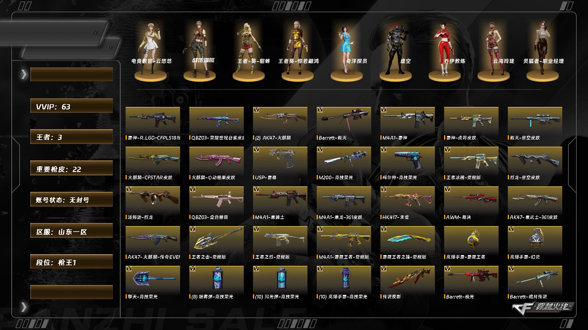 穿越火线账号北部战区山东一区9365/北部/山东一区/可排位/【枪王1】【Lv.100 大元帅】VIP5/62V/传说夜影/M2