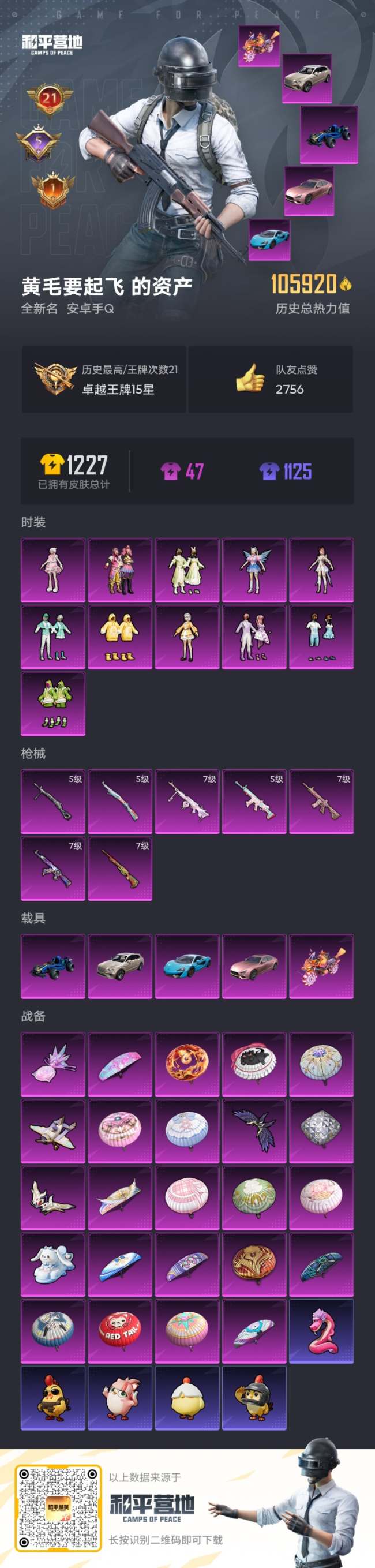 和平精英账号安卓QQ5载具-233套装-320枪皮-5载具-233套装-320枪皮--3稀有5载具11粉装7特效枪21印