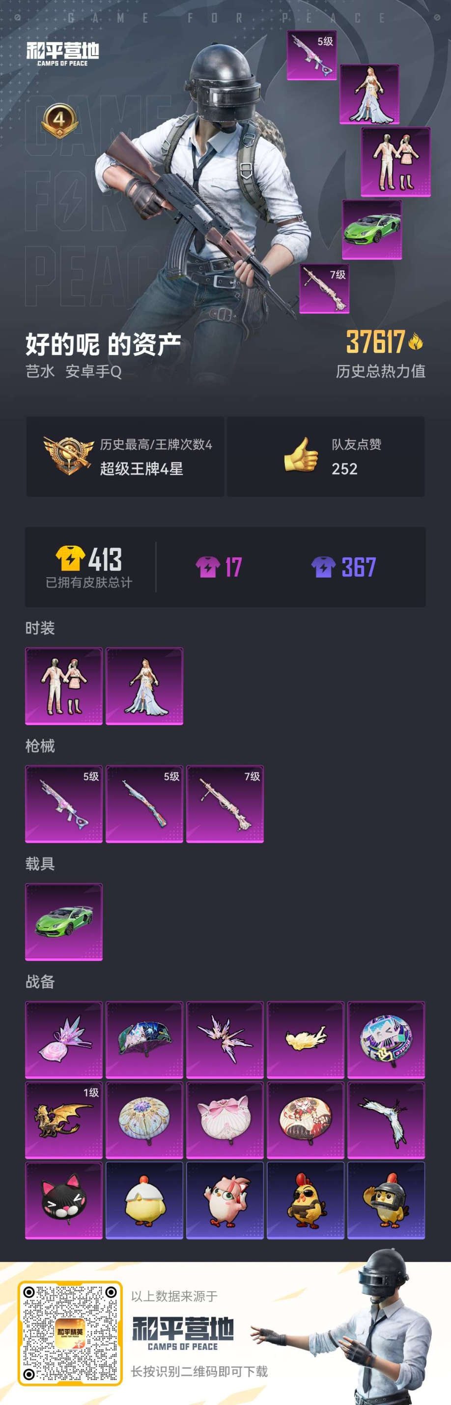 和平精英账号安卓QQ1载具-70套装-124枪皮-《商品描述》：1载具-70套装-124枪皮-安卓手Q-4王牌印记-2粉