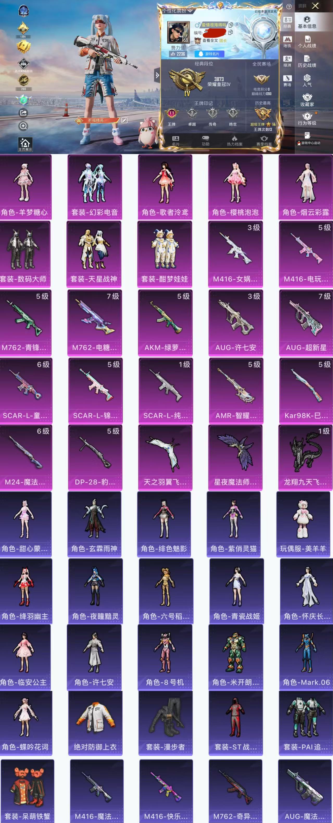 和平精英账号苹果QQ0载具-184套装-299枪皮-H12186苹果Q区-8粉装-14特效枪-85037热力值-13王牌